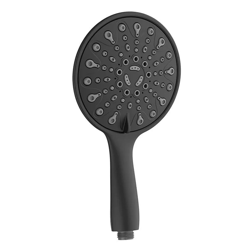 Six-function handheld shower head with electroplated finish, shown alongside its spray settings diagram.