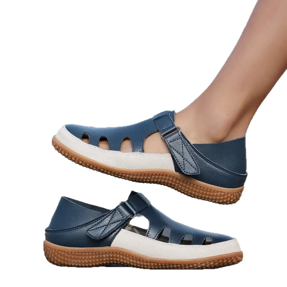 Plus size women's flat heel sandals with hollow breathable design in white, red, or blue colours