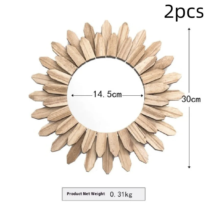 Solid wood European-style hanging mirror in baked colour on a wall