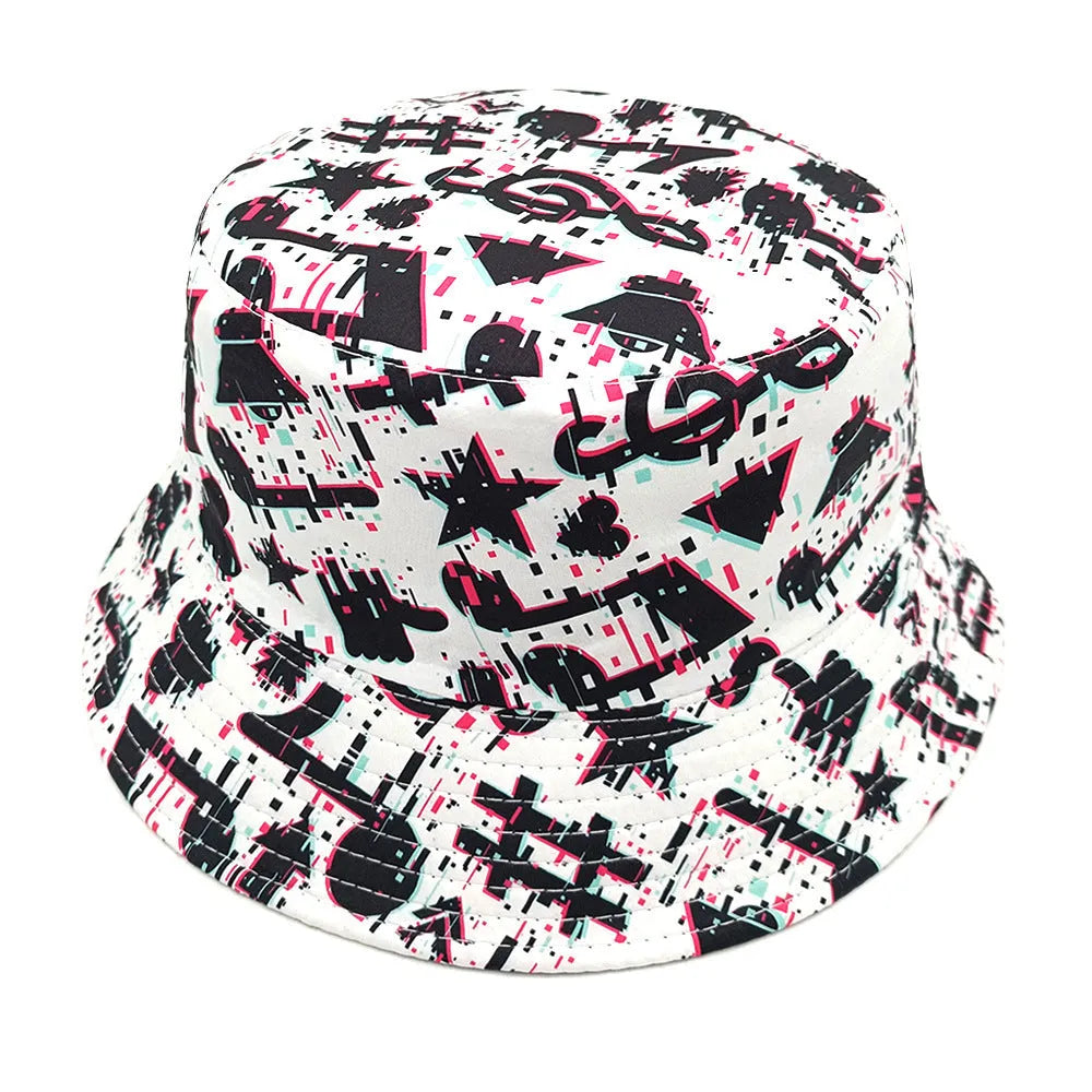 Retro musical note print bucket hat on a white background, dome crown, M size 56-58cm.