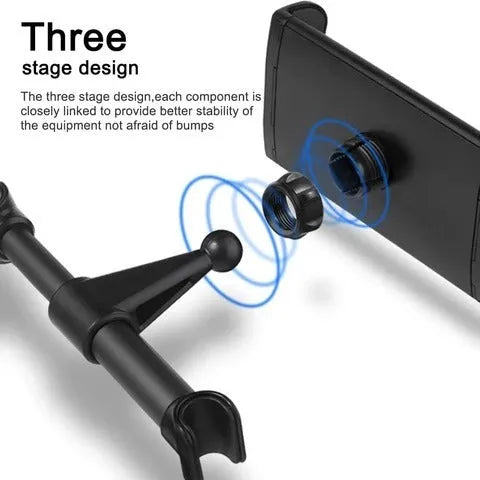 Black universal car phone holder mounted on a rear seat headrest, holding an iPad.