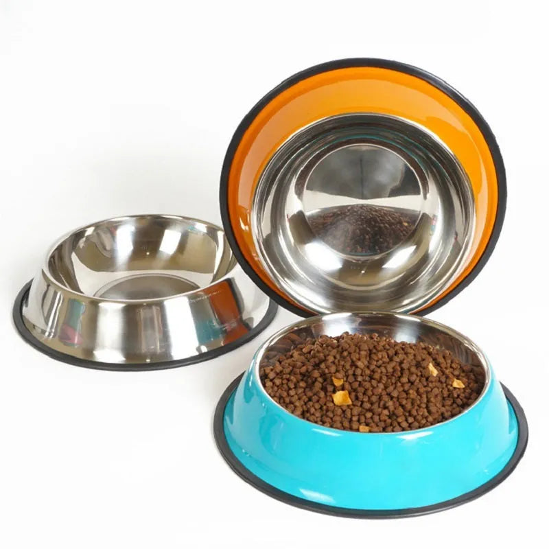 Stainless steel pet bowl with colourful melamine exterior in six size options with non-slip base