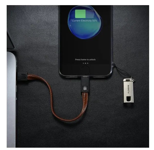 Short 20cm leather iPhone Lightning charging cable with zinc alloy connector in red, black or brown