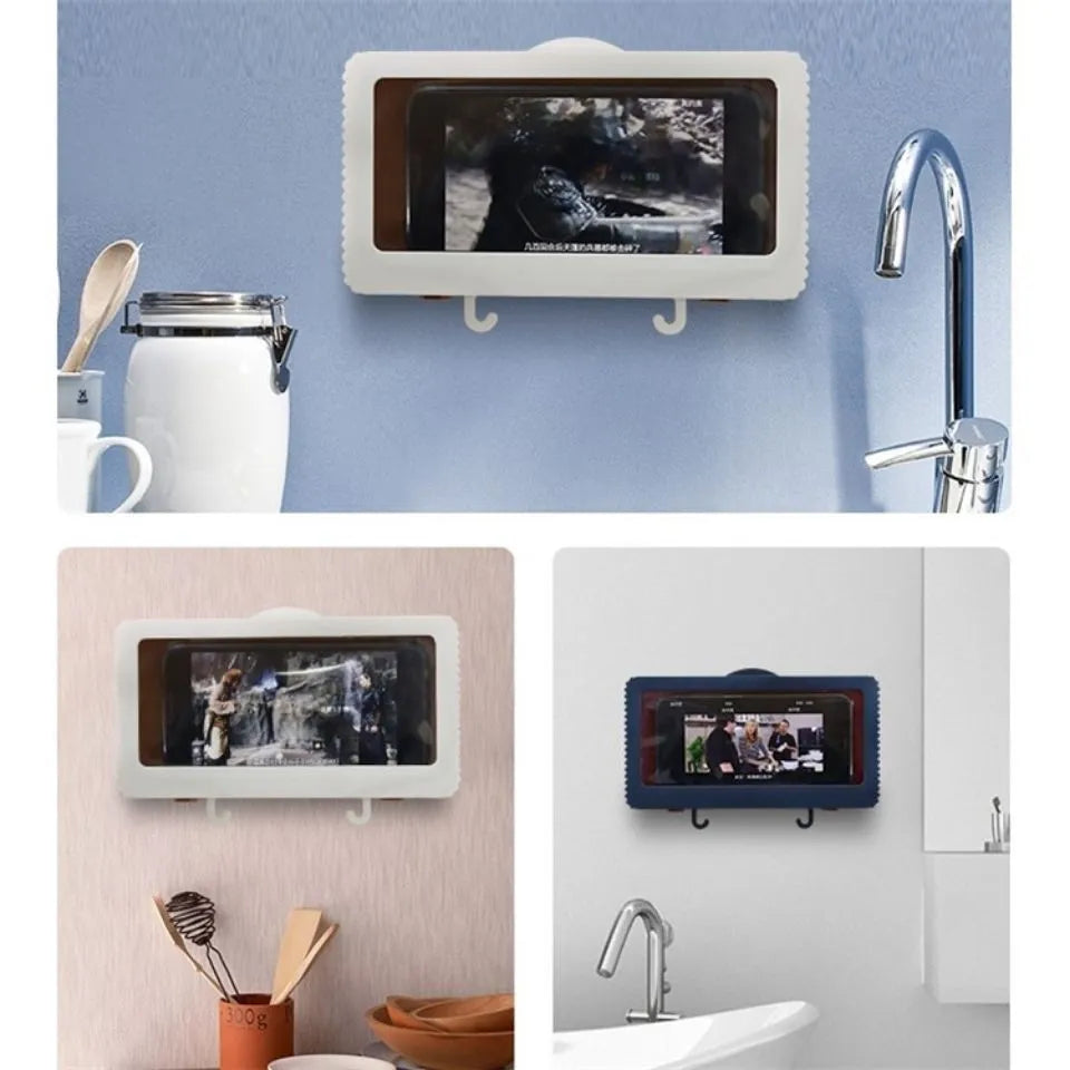 Bathroom waterproof mobile phone box holder in white or blue with free punching wall mount and anti-fog ABS case