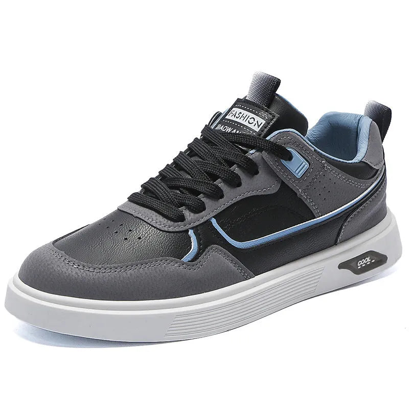 Men's low-top canvas board shoes in black, beige, and grey with mesh lining and leather stitching