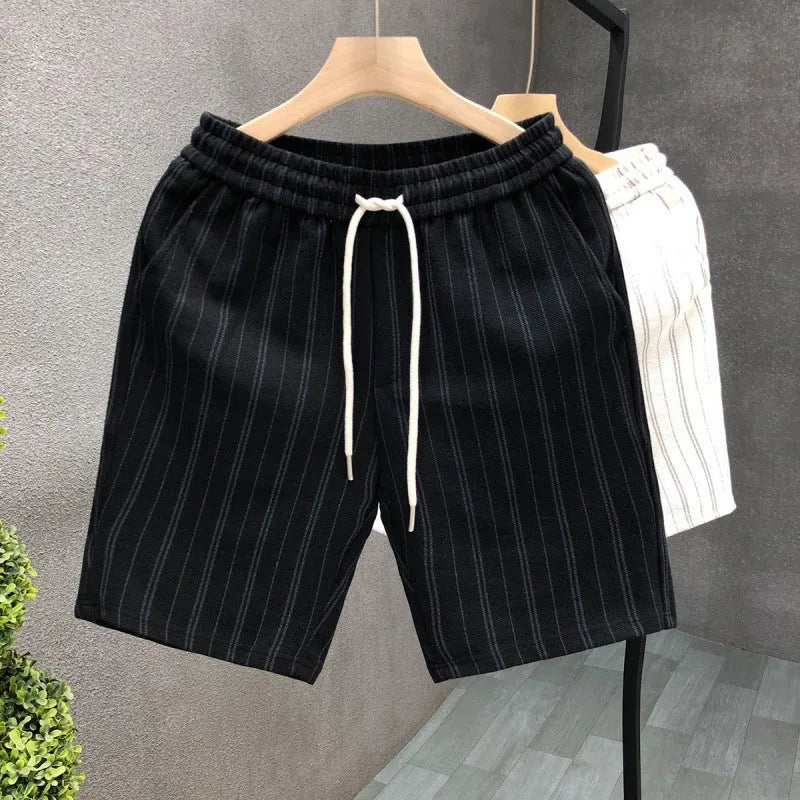 Men's black and white striped casual shorts with double-layer waistband and ankle banded styling