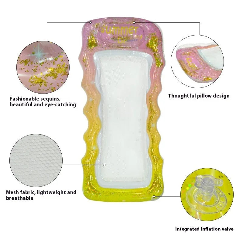 Thick PVC inflatable floating row with colourful sequins and mesh design on blue water