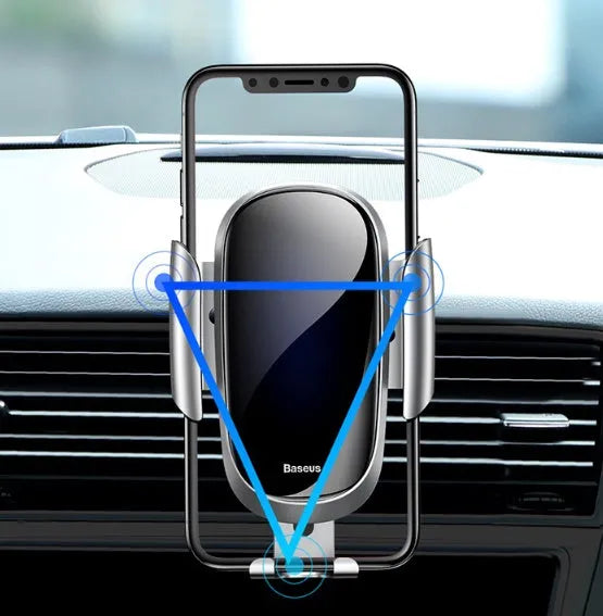 Universal adjustable car bracket smartphone holder in black, mounted on a car dashboard.