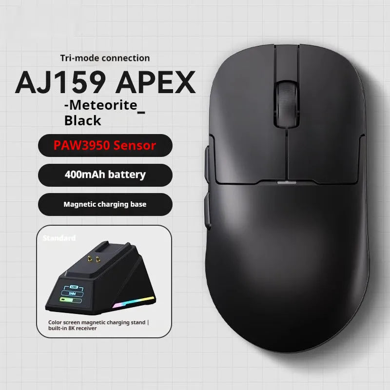AJ159 triple-mode gaming mouse in Yunfeng White colour on a mousepad, showing its small-medium size and sleek design.