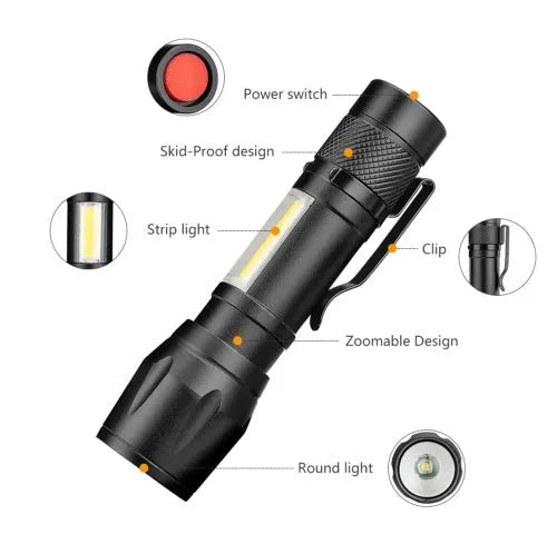Mini black aluminum alloy telescopic LED flashlight with pocket clip showing zoom adjustment
