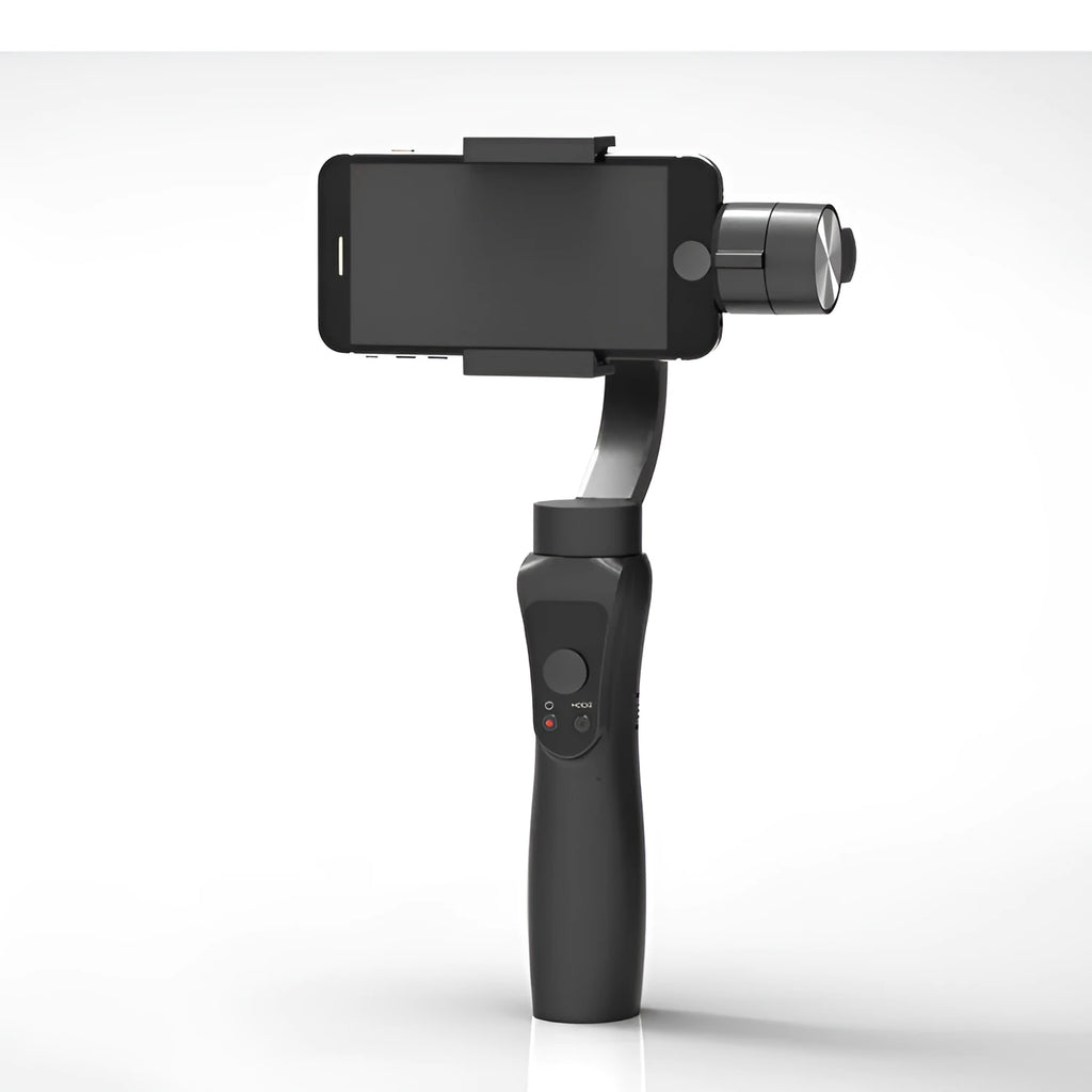 Black 3-axis handheld smartphone gimbal stabiliser with rotation adjustment controls