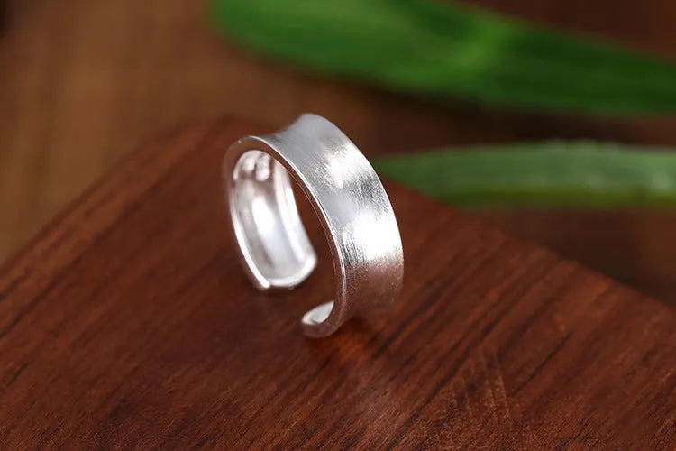 Korean frosted sterling silver adjustable open ring with geometric design on finger