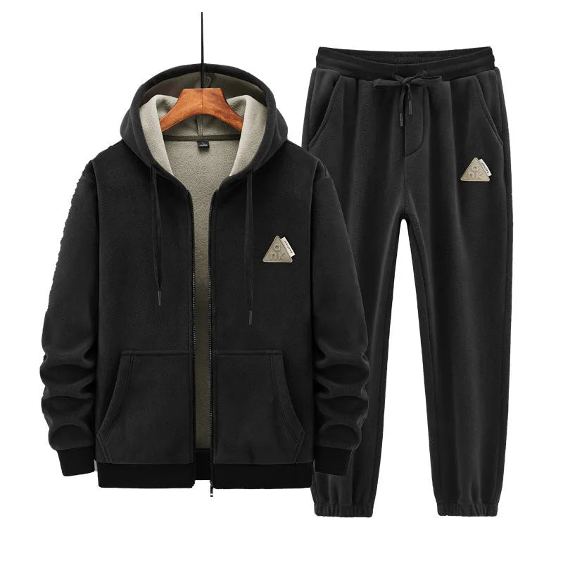 Grey cashmere hooded sports suit with cotton pants laid flat.