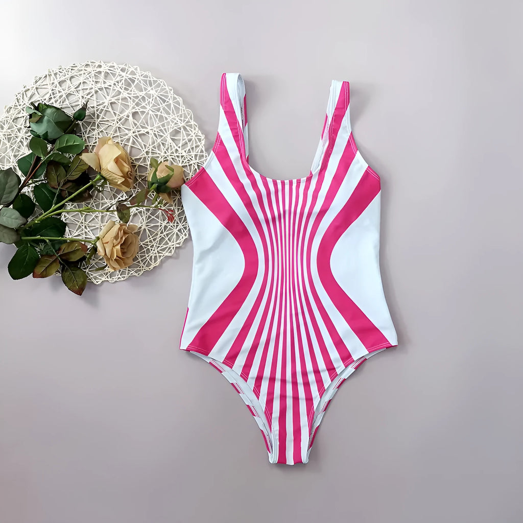 Women's pink striped one-piece swimsuit with digital front and rear printing