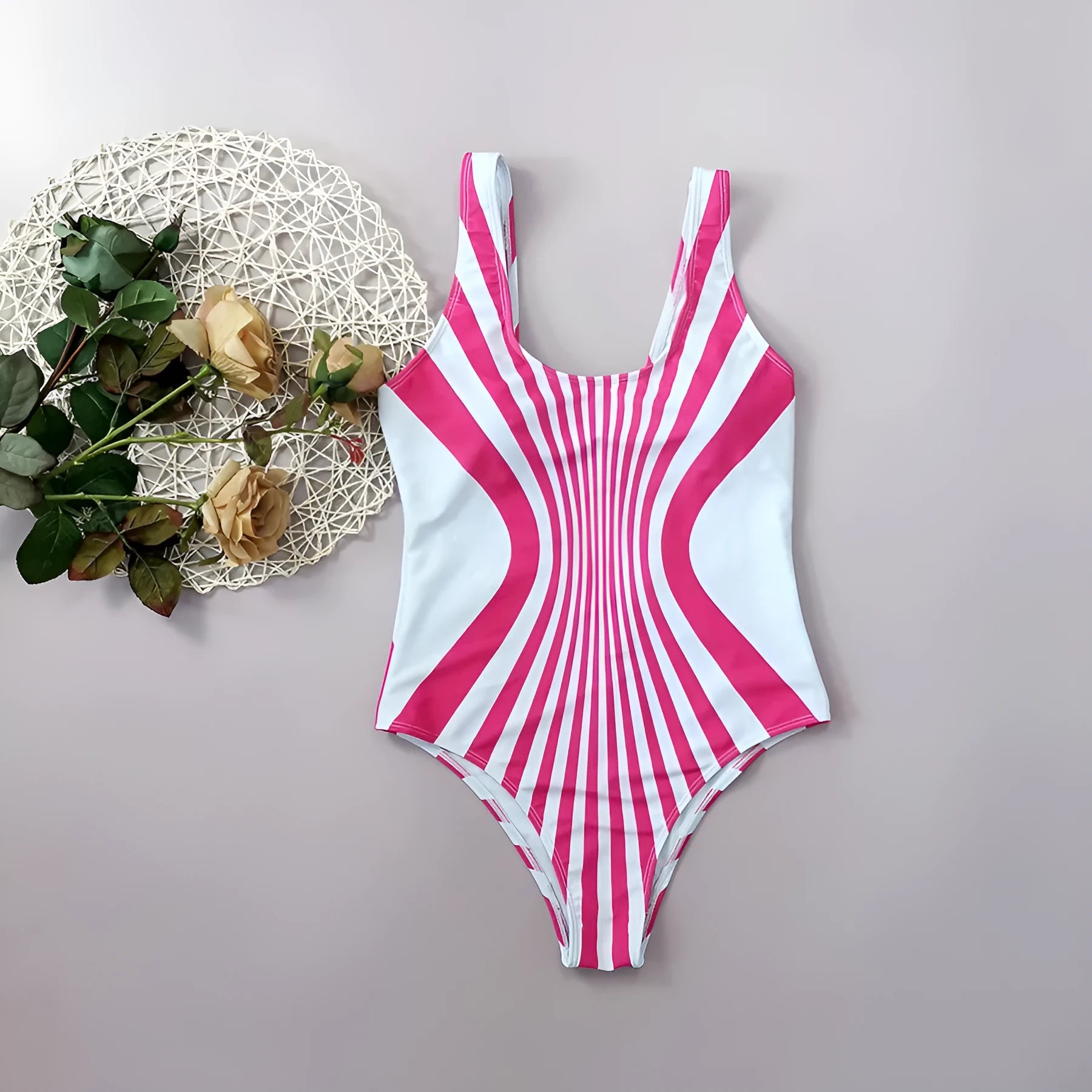 Women's pink striped one-piece swimsuit with digital front and rear printing