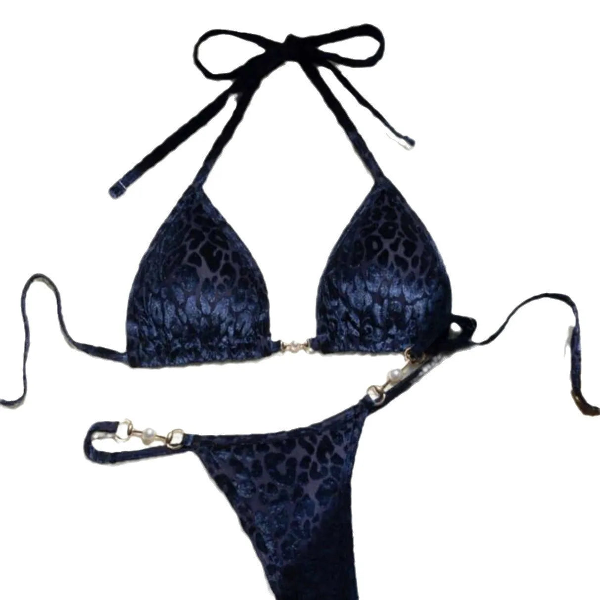 Blue leopard print T-shaped swimsuit bikini with polyester fabric and spandex stretch