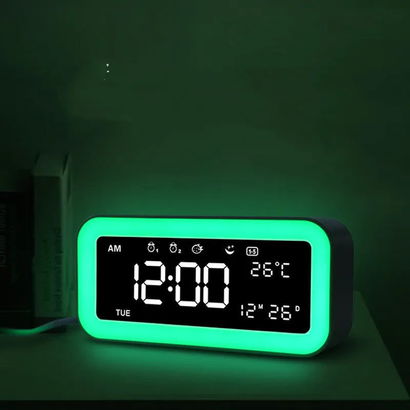 Rectangular American style LED alarm clock with multicoloured atmosphere lighting and digital display