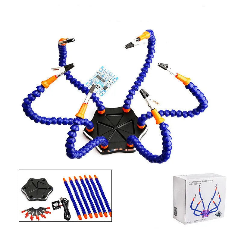 Aluminium alloy six-arm welding station with adjustable clamps in black or purple colour options