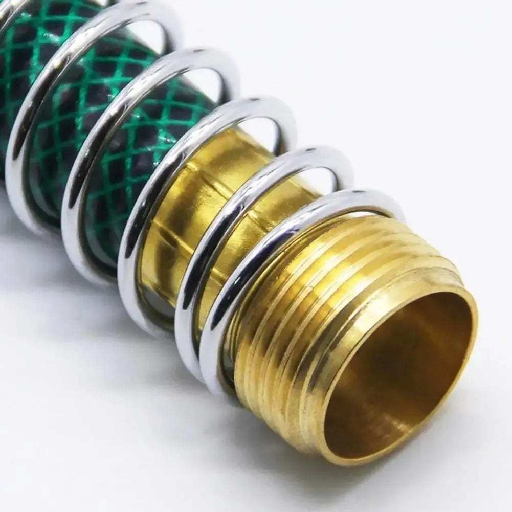 Brass garden hose connector with spiral spring to prevent kinks, showing 3/4 inch threaded ends