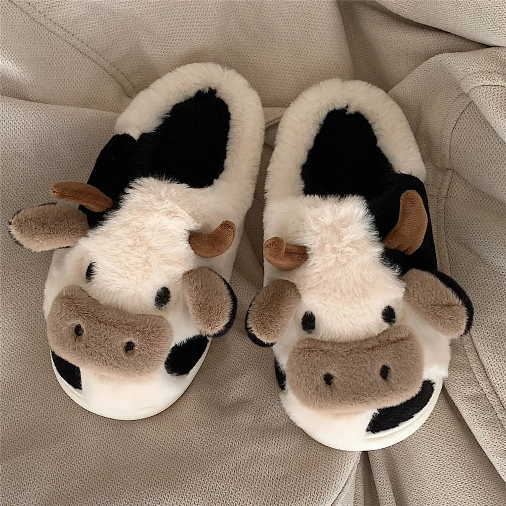 Women's white cartoon cow slippers with fluffy faux fur and anti-slip textured soles