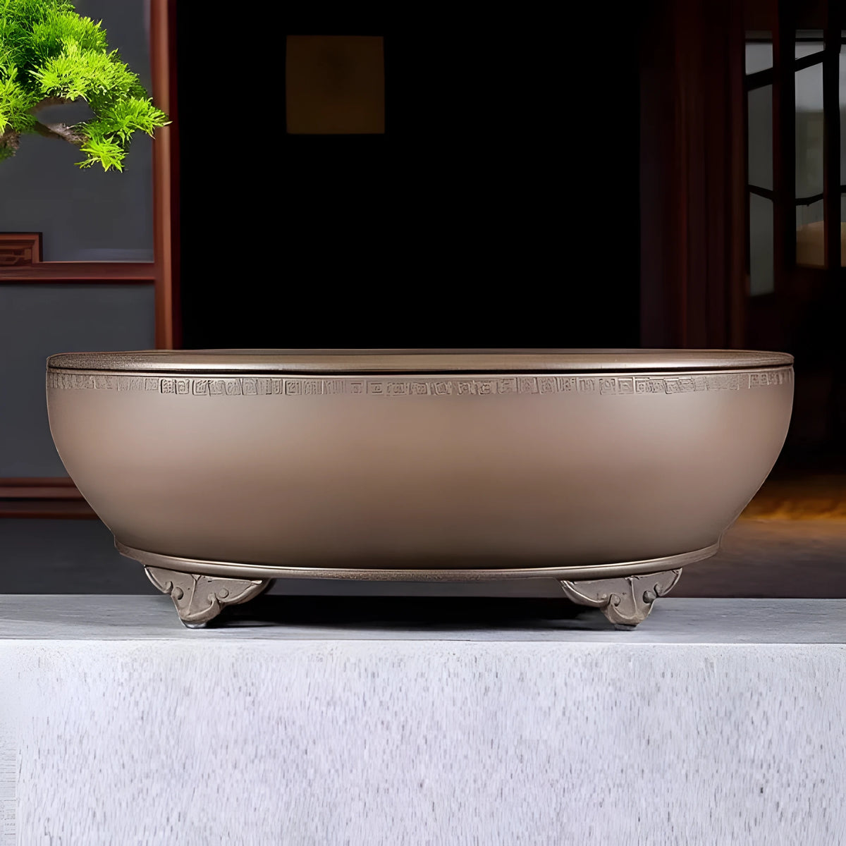Handmade oval purple sand flower pot in black mud green, 50 cm length