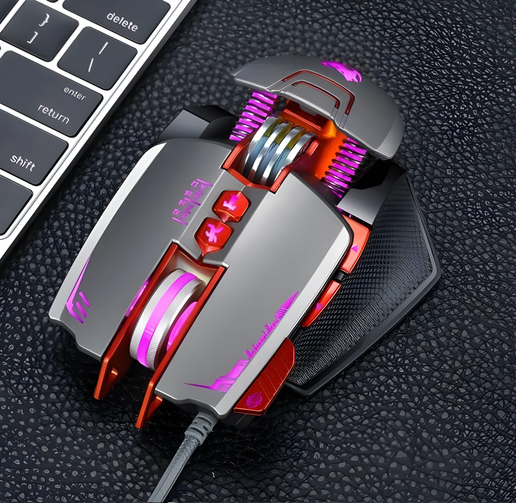 Thunder Wolf V9 black wired gaming mouse with six buttons on desktop