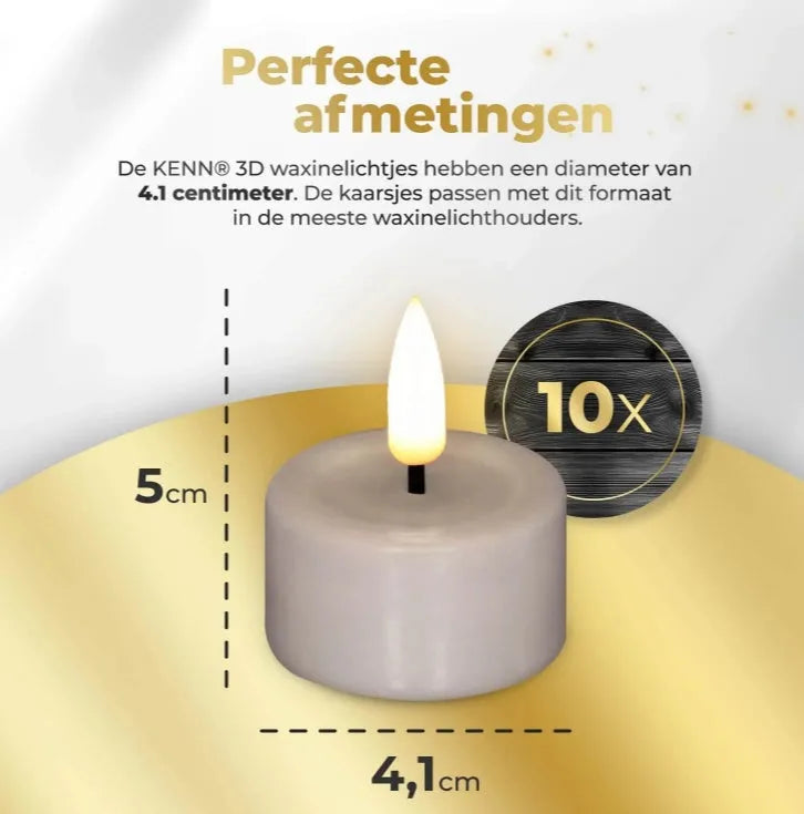 Four taupe coloured S10 LED tealight candles showing 3D flame flickering effect