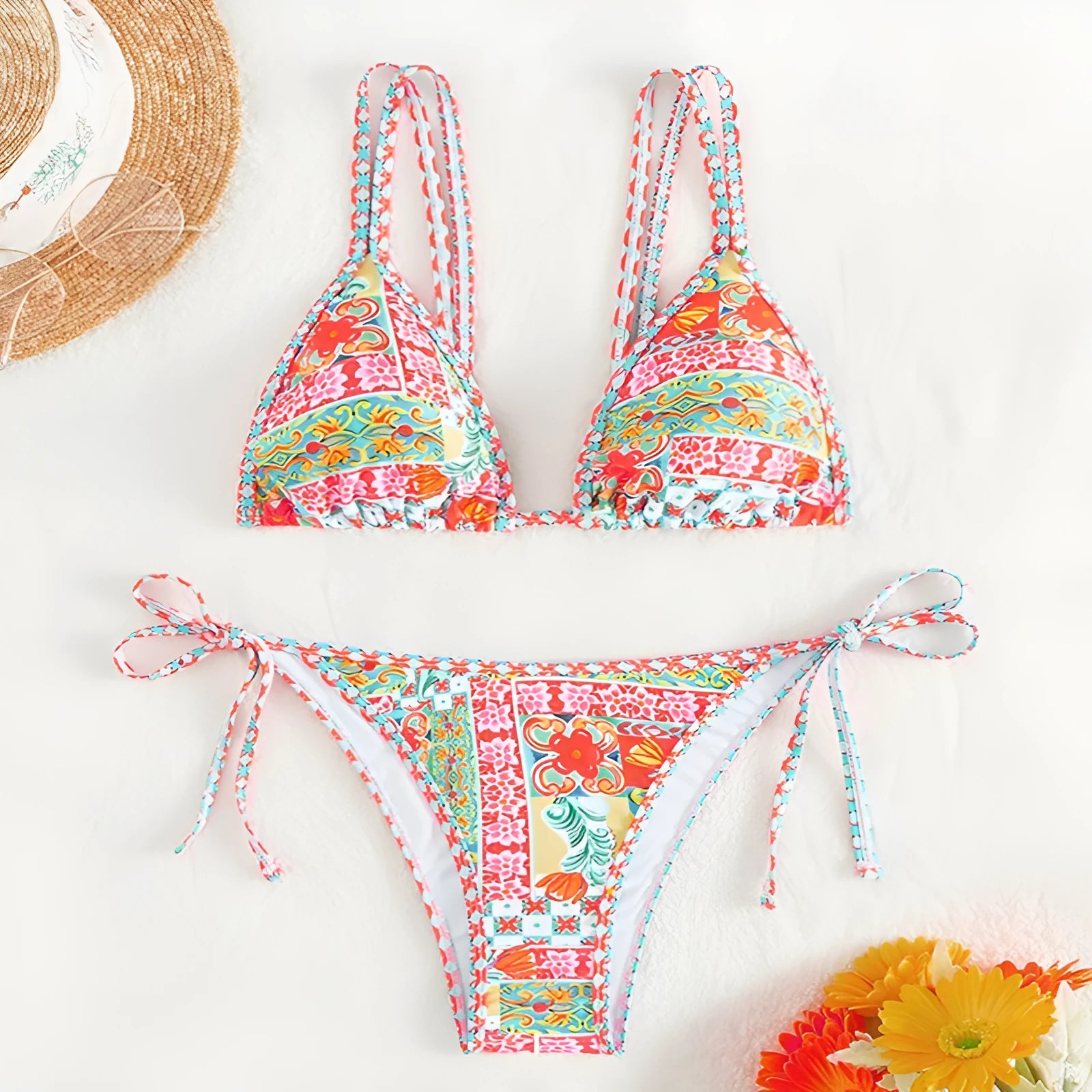 Women's lace-up front split leg swimsuit in picture colour with adjustable design