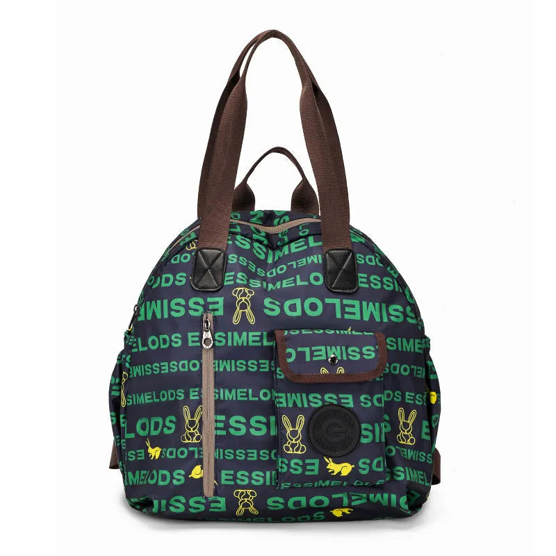 Women's large nylon outdoor backpack with sandwich pocket in black, green letters, or khaki