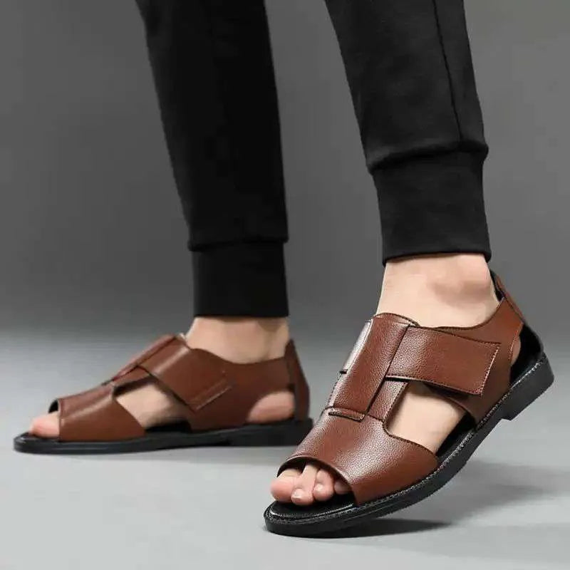 Men's black and brown casual leather sandals with open toe design and rubber soles