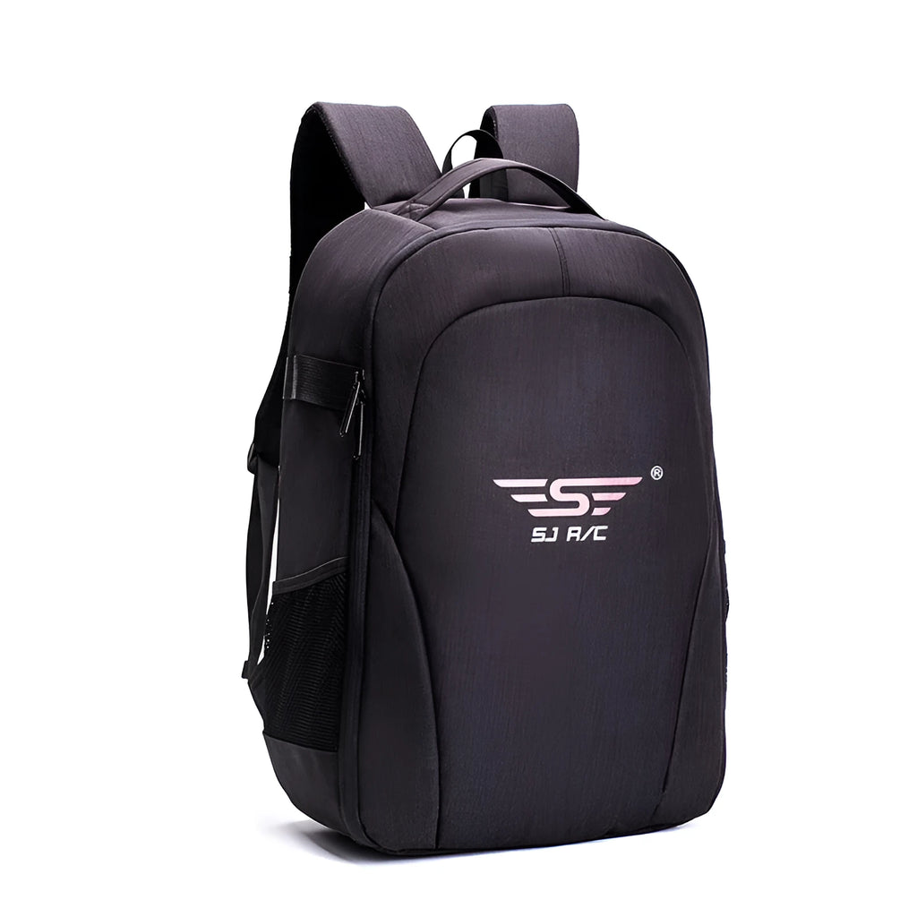 Black Oxford cloth drone backpack showing internal camera and laptop compartments.