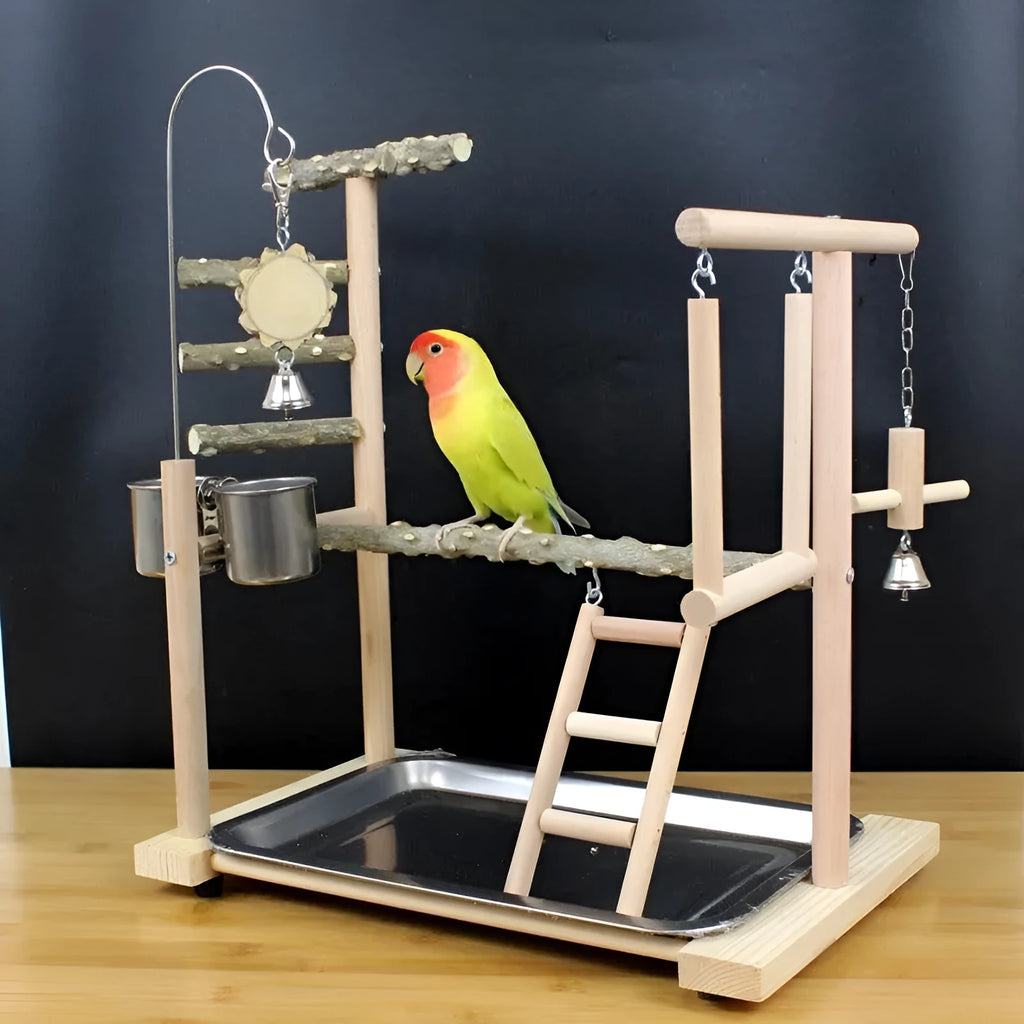 Parrot toy stand with bird swing and perch made from natural pepper wood