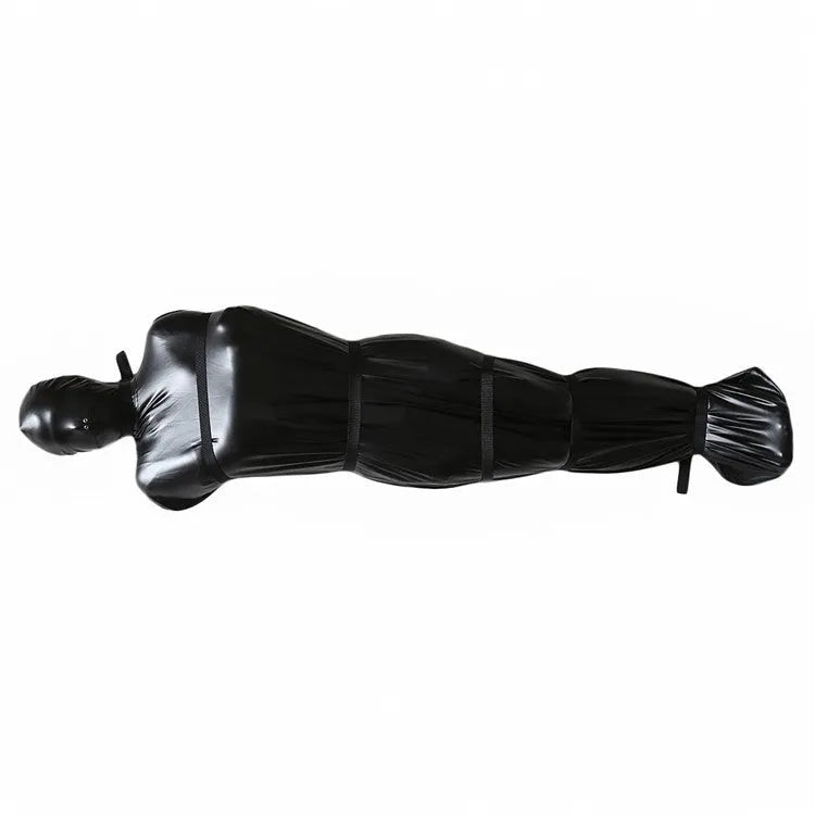 Black patent leather bondage set with full body wrap and six ratcheting tie down straps