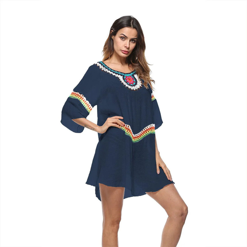 Crocheted ethnic style sun protection top in white colour for beachwear