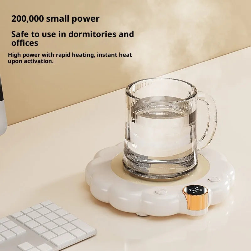 Plug-in thermal cup pad in white or pink with 20W rated power, three gears, and push-button control on a desk.