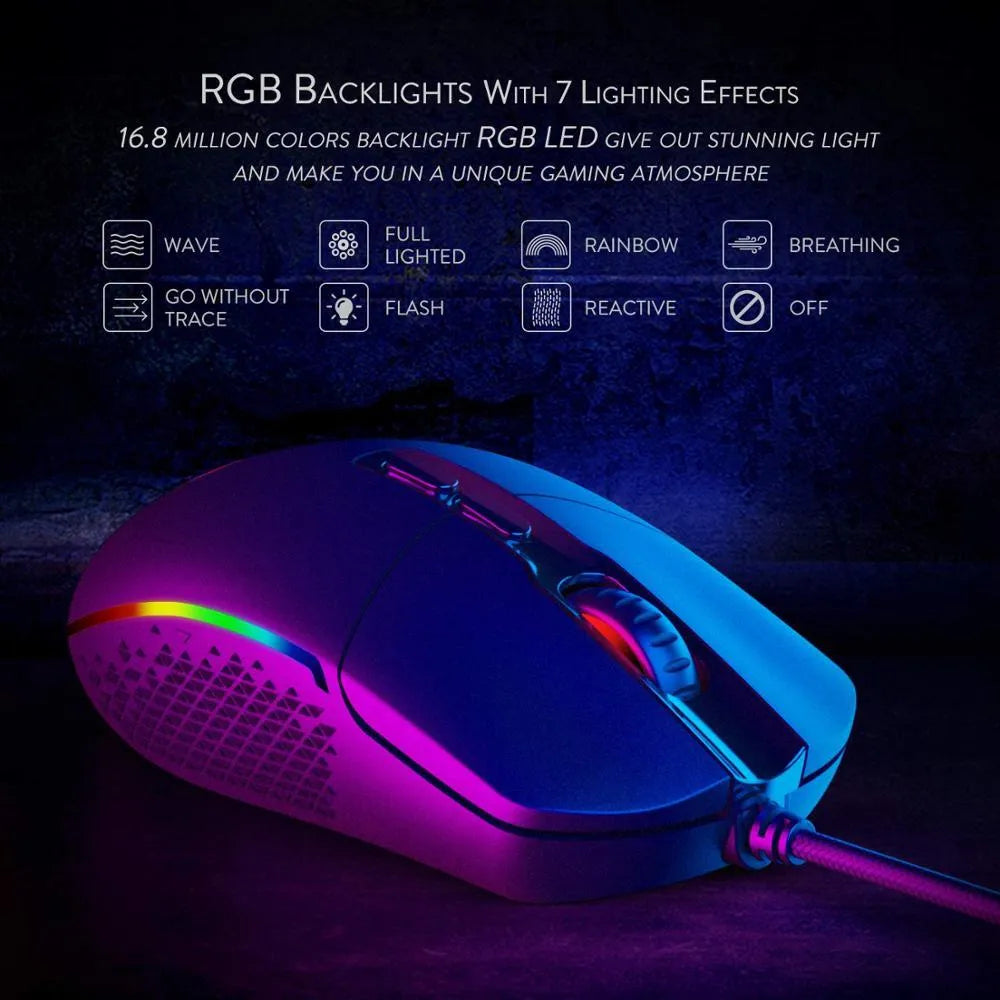 Black wired gaming mouse with 5000 DPI sensor, 9 buttons, USB cable and four-way scroll wheel for desktop PC