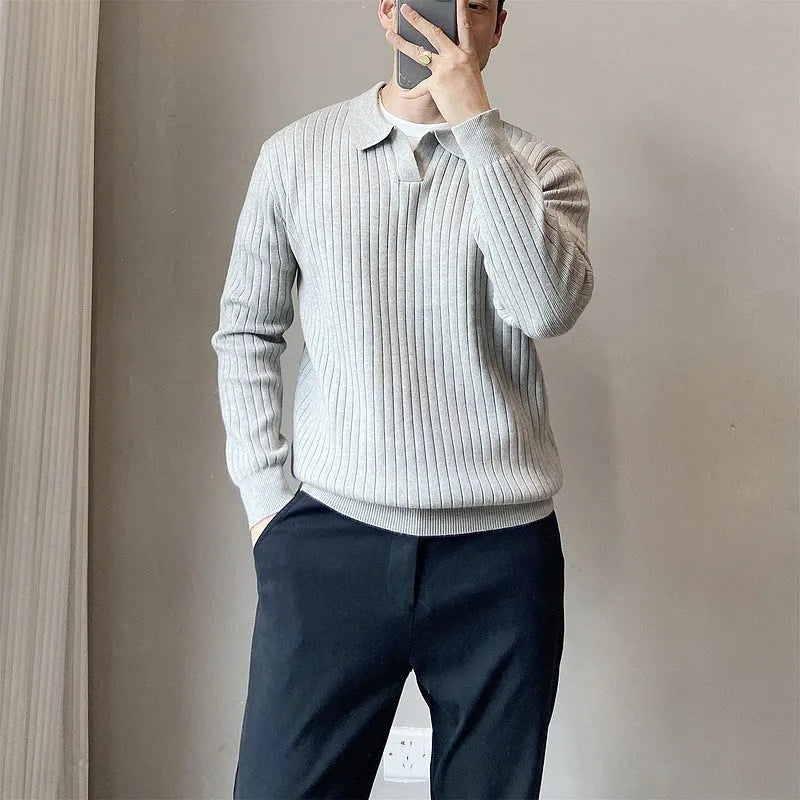 Boys' striped loose knit sweater with a lapel collar in multiple colour options