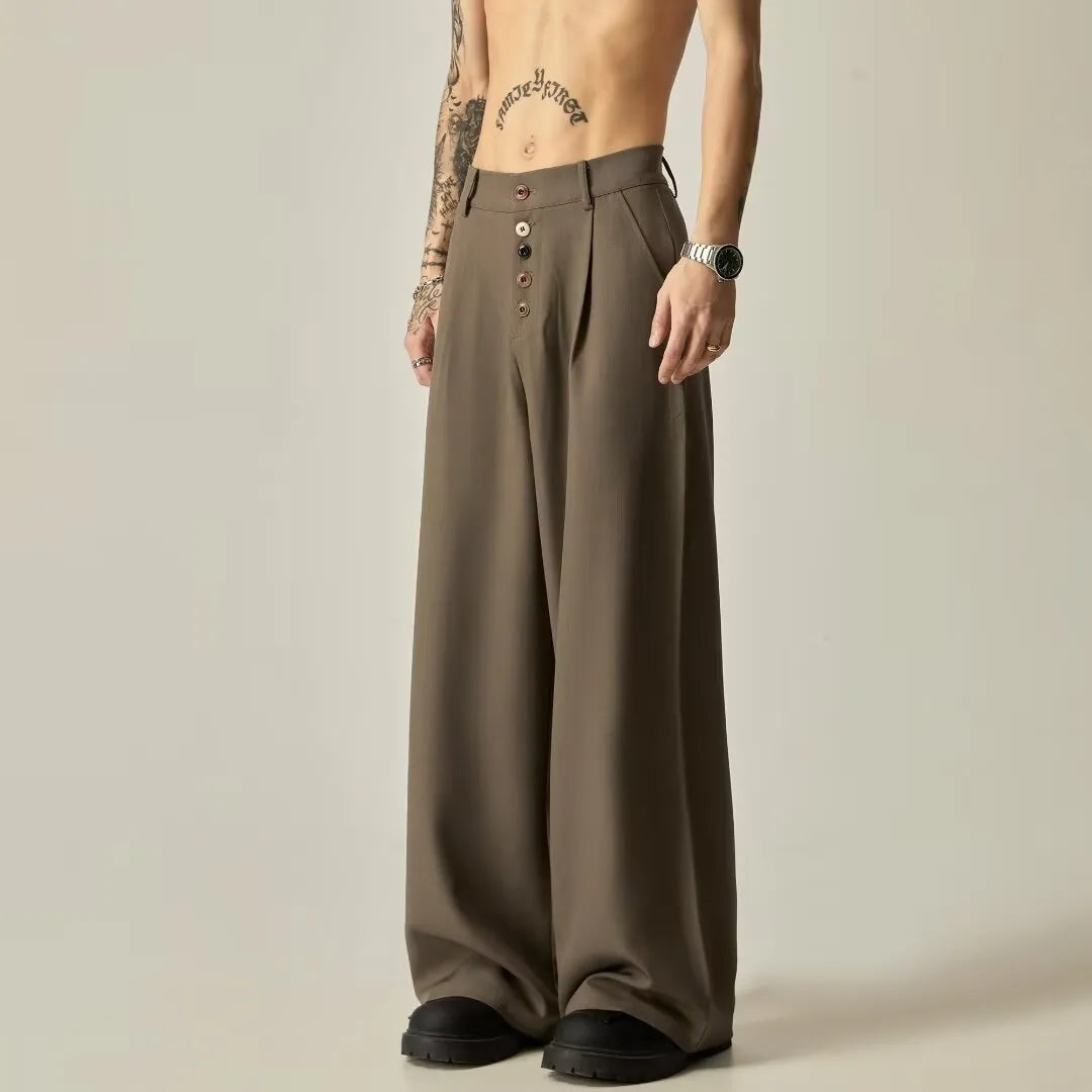 Men's black casual trousers with wide-leg design and button front in polyester cotton blend fabric