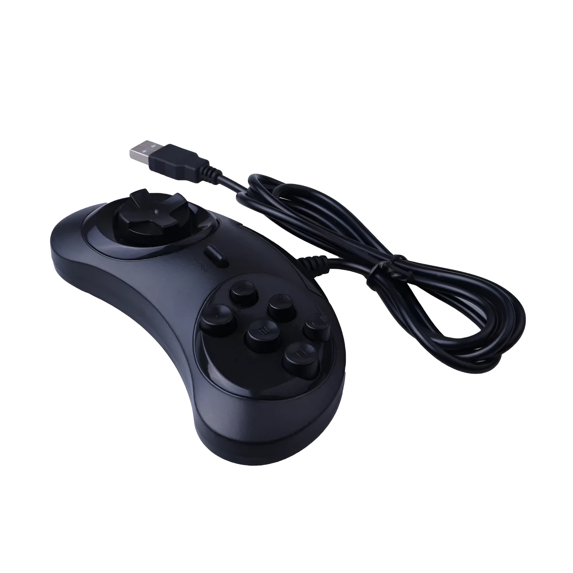 Black Sega USB computer game controller with 1.8 metre cable showing ergonomic design