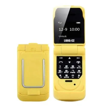 Mini flip phone with compact design showing flip cover mechanism and available in multiple colour options