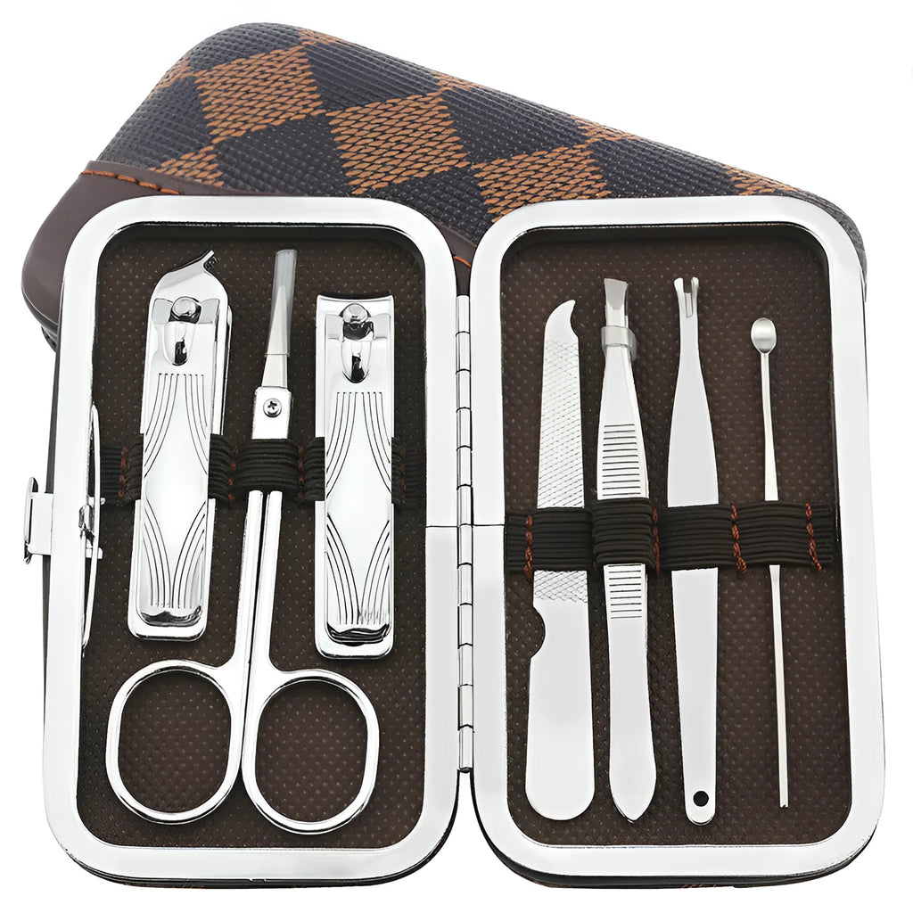 7-piece checked pattern manicure set with stainless steel nail clippers, eyebrow scissors, file, cuticle fork and ear pick, 110x60x20mm