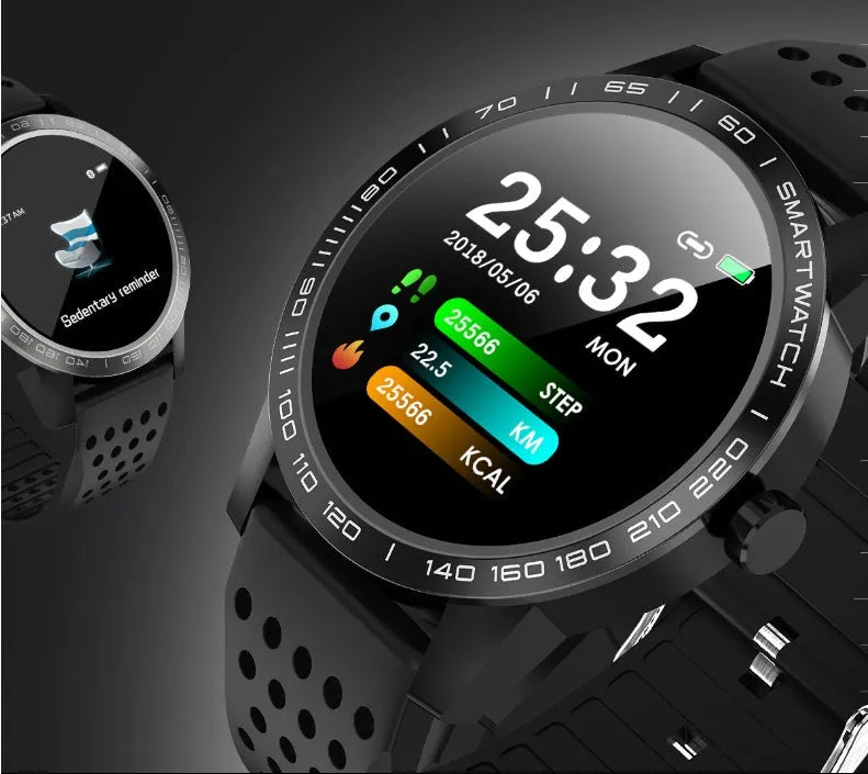 Black and blue smart bracelet with 1.3-inch colour screen showing heart rate monitoring interface