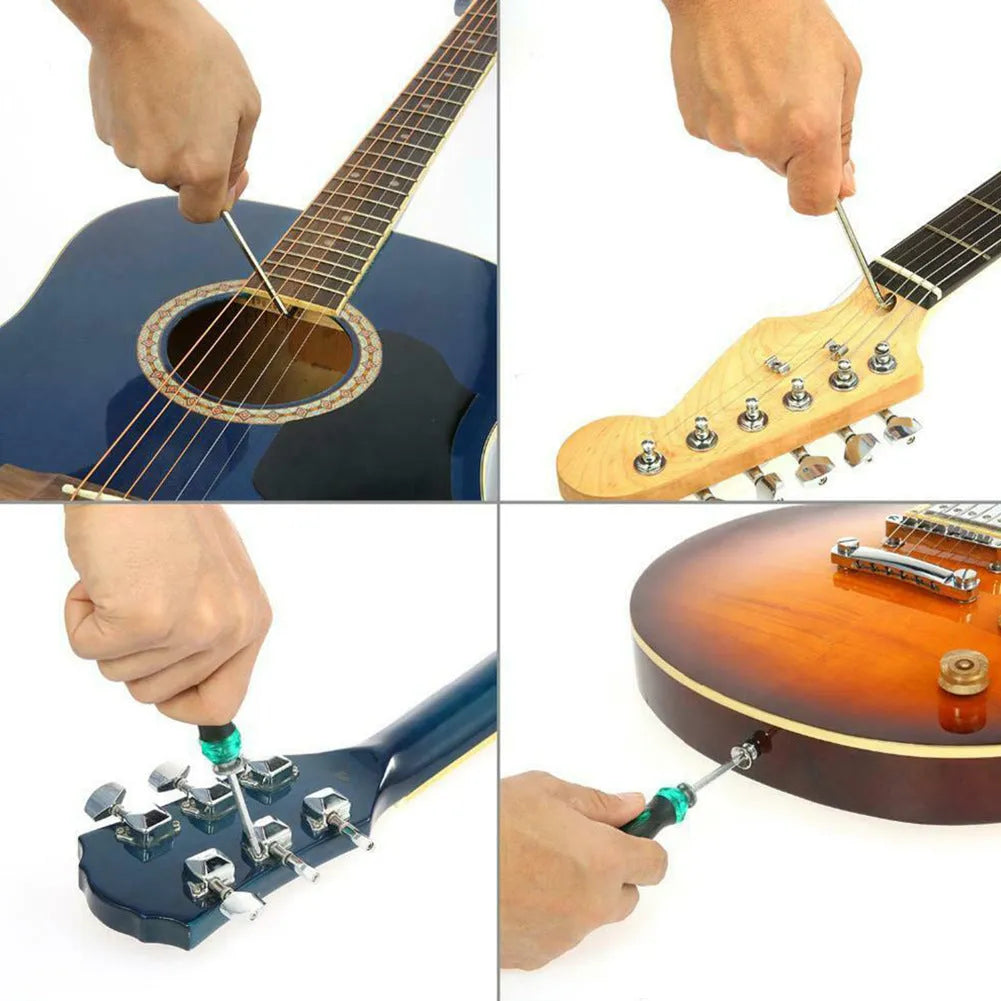 Black rectangular guitar repair tool kit case with tools for guitar, bass, mandolin, and banjo maintenance.