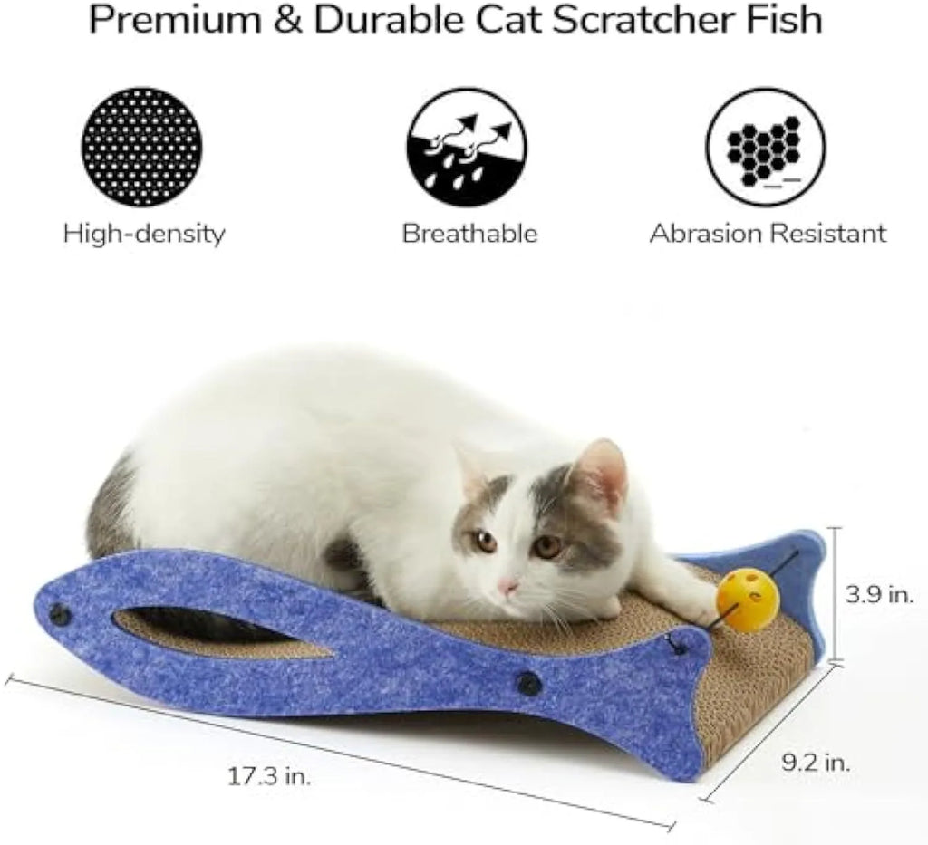 Blue fish shaped cardboard cat scratcher with bell ball toys on elastic cord, measuring 46cm long