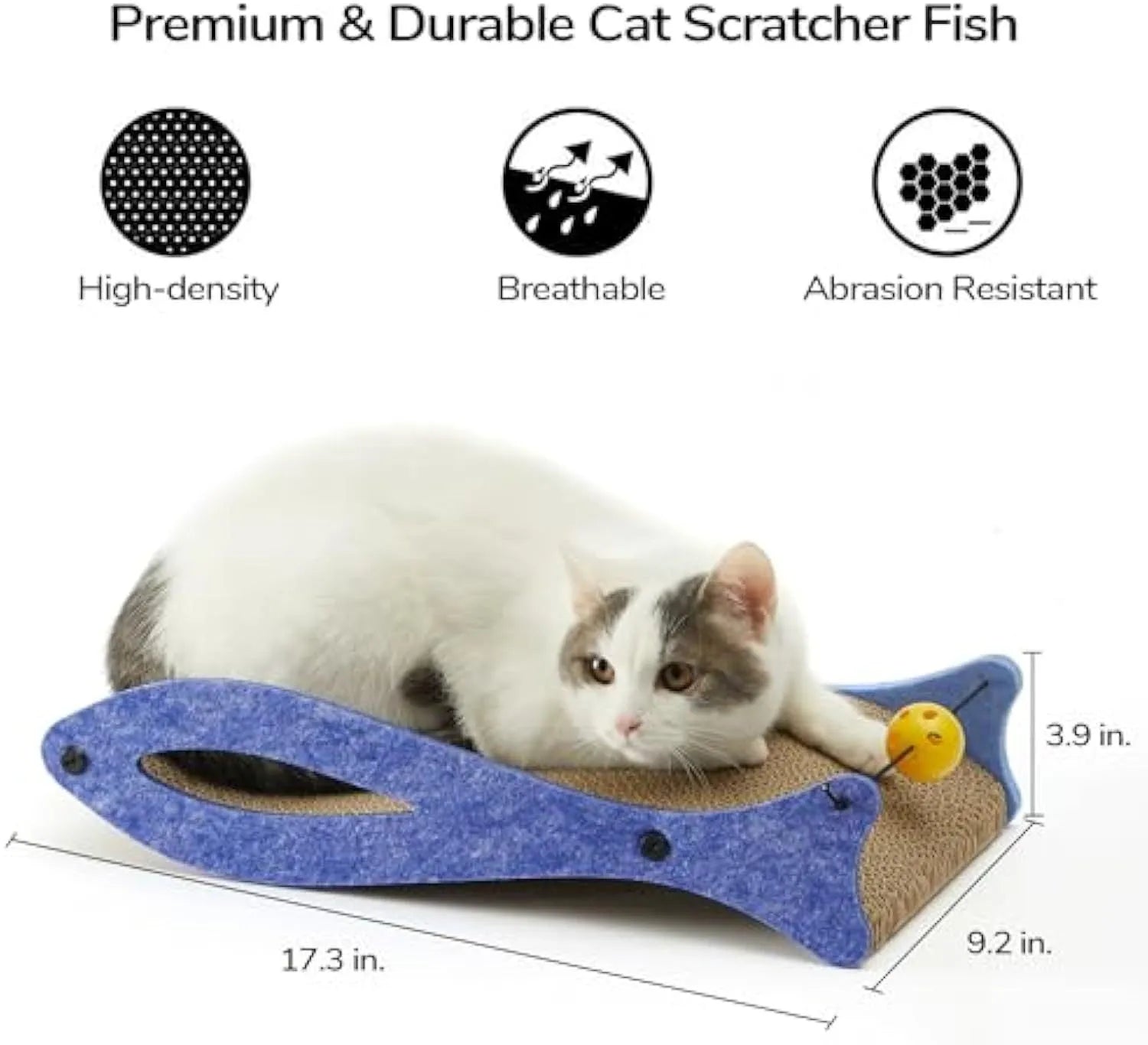 Blue fish shaped cardboard cat scratcher with bell ball toys on elastic cord, measuring 46cm long