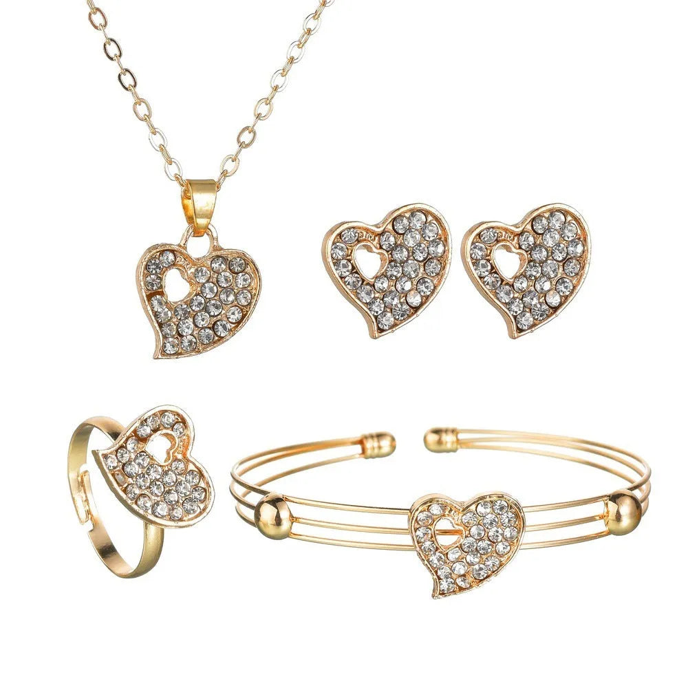 Gold-coloured women's jewellery set with earrings, item decoration and hand decoration featuring love patterns