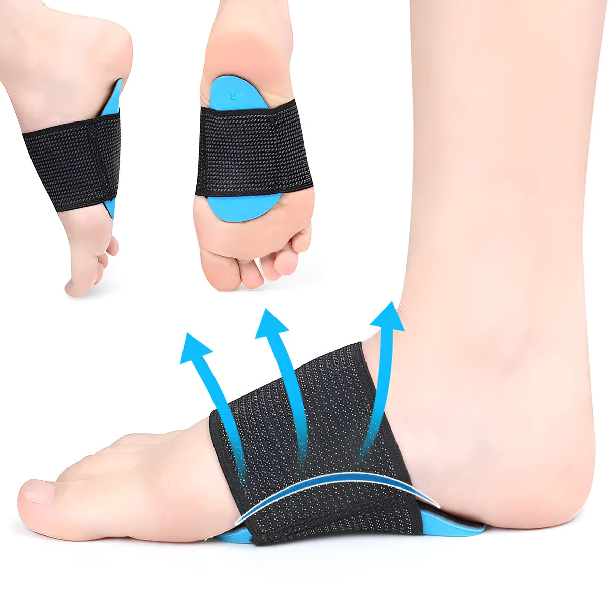 Blue elastic bandage foot arch support pads for flat feet in adult and children sizes