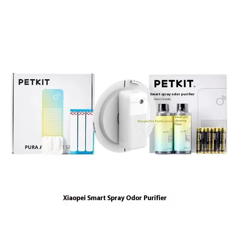 Smart spray odour removal machine for pet litter boxes with purification liquid bottles and mounting bracket