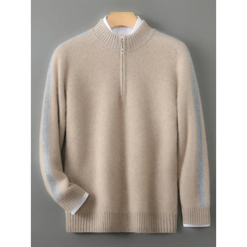 Slim fit grey sheep wool knitted sweater with a half-height zip and round neck on a hanger.