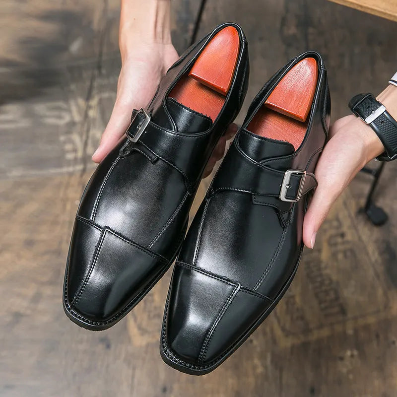 Men's British retro style buckle casual shoes in microfiber with tall crown upper